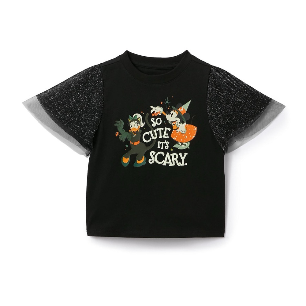 Disneyland Minnie Halloween Black Graphic T-Shirt with Glitter Sleeves